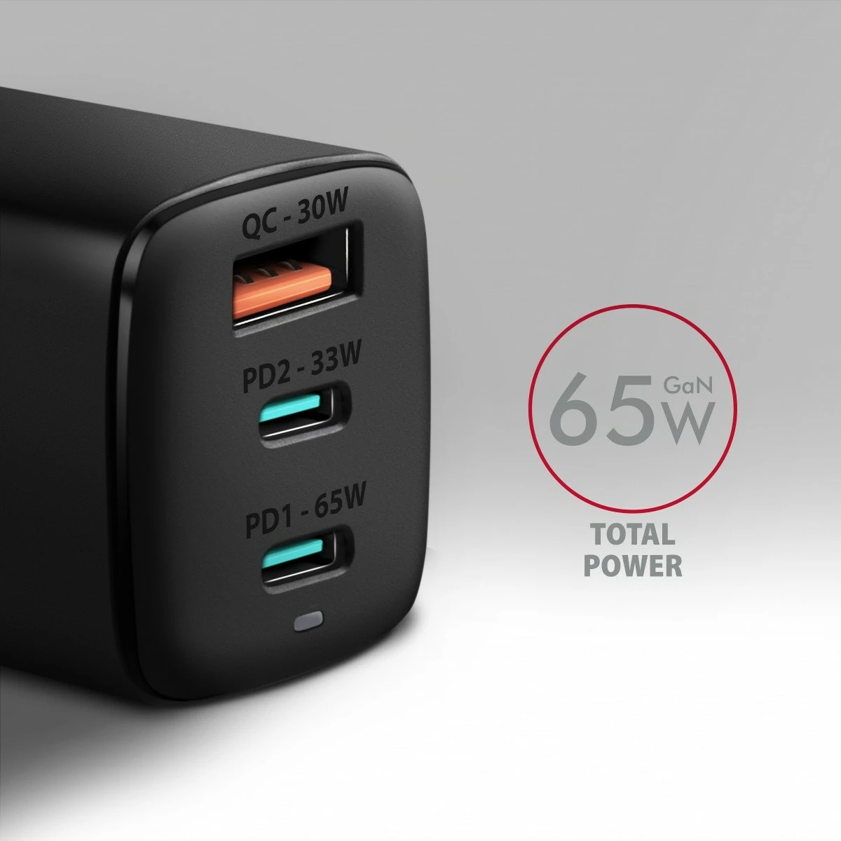 Adapter karikues AXAGON ACU-DPQ65, GaN 65W, 3 porta (USB-A + 2x USB-C), i zi
