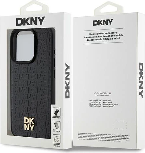 Mbështjellës DKNY Leather Monogram Pattern Metal Logo MagSafe për iPhone 15 Pro, e zezë