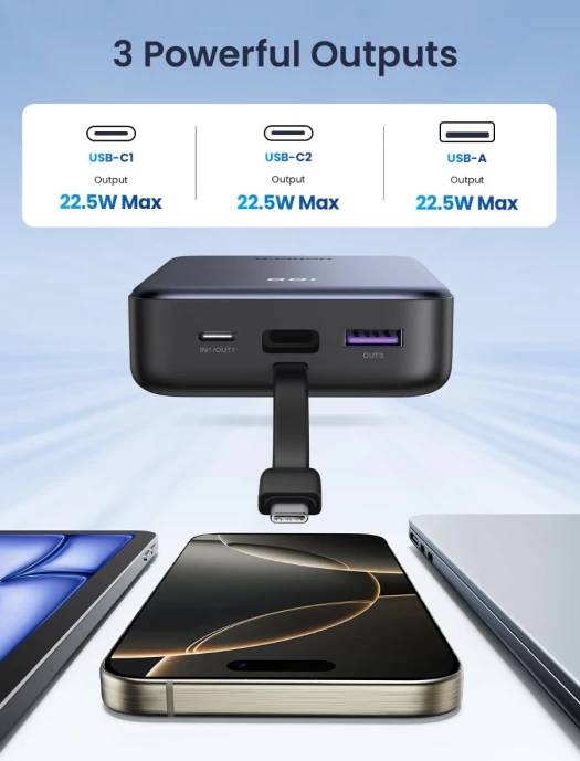 powerbank UGREEN 45762 20000mAh 22.5W me kabllo t’integrume, gri e errët