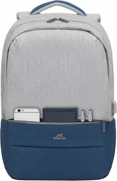 Çantë shpine për laptop RIVACASE Prater 7567, 17.3", rezistente ndaj ujit, mbrojtje kundër vjedhjes, port USB, gri/blu e errët