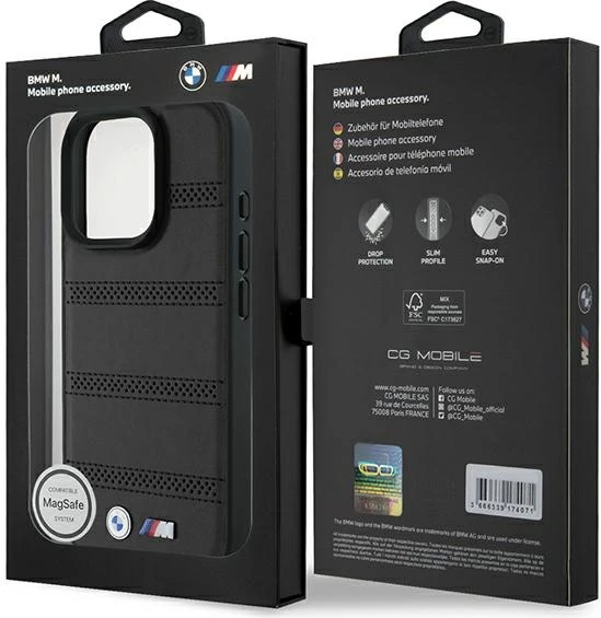 Mbështjellës BMW M Perforated And Stitched Line MagSafe për iPhone 16 Pro, zi