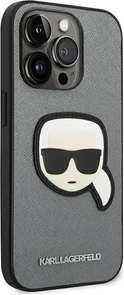 Mbështjellës Karl Lagerfeld KLHCP14LSAPKHG për iPhone 14 Pro 6.1", Saffiano Karl's Head Patch, argjendtë