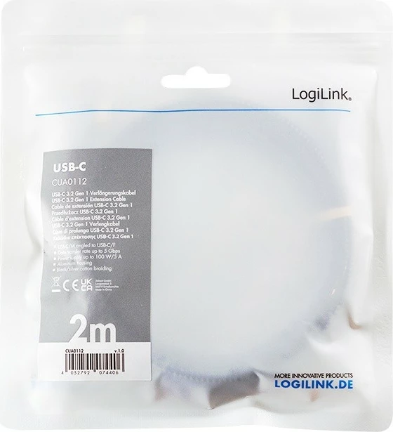 Kabllo zgjatuese USB-C LogiLink CUA0112, USB 3.2 Gen1, Power Delivery, 2m, e zezë