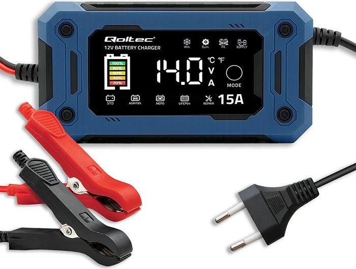 Karikues mikroprocesorik baterie Qoltec 52496 12V 15A me LCD, riparim dhe mirëmbajtje, SUP 14V, për AGM GEL LiFePO4, zi/kaltër