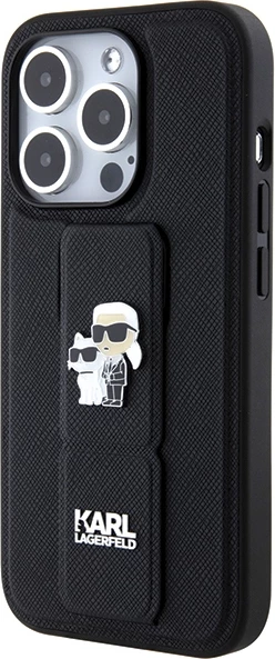 Mbështjellës Karl Lagerfeld Gripstand Saffiano Karl&Choupette Pins për iPhone 14 Pro, i zi