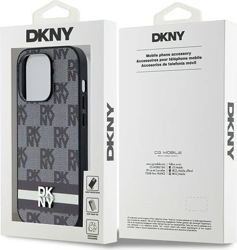 Mbështjellës DKNY Leather Checkered Mono Pattern & Printed Stripes për iPhone 14 Pro, i zi