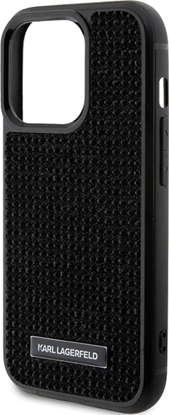 Mbështjellës Karl Lagerfeld Rhinestone Logo Metal Plate për iPhone 15 Pro Max, i zi