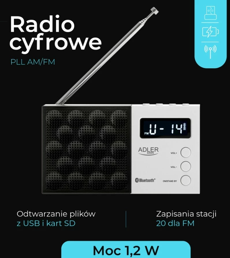 Radio digjitale Adler AD1908 me Bluetooth, USB/SD, e zezë/bardhë