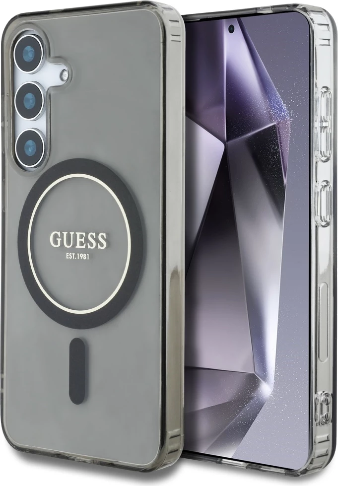 Mbështjellës Guess Glitter Circle Classic Logo MagSafe për Samsung Galaxy S25, zi