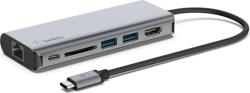 Adapter multiport Belkin AVC008BTSGY, USB-C, 100W, HDMI, RJ-45, SD, 2x USB-A, 1x USB-C, zi/gri