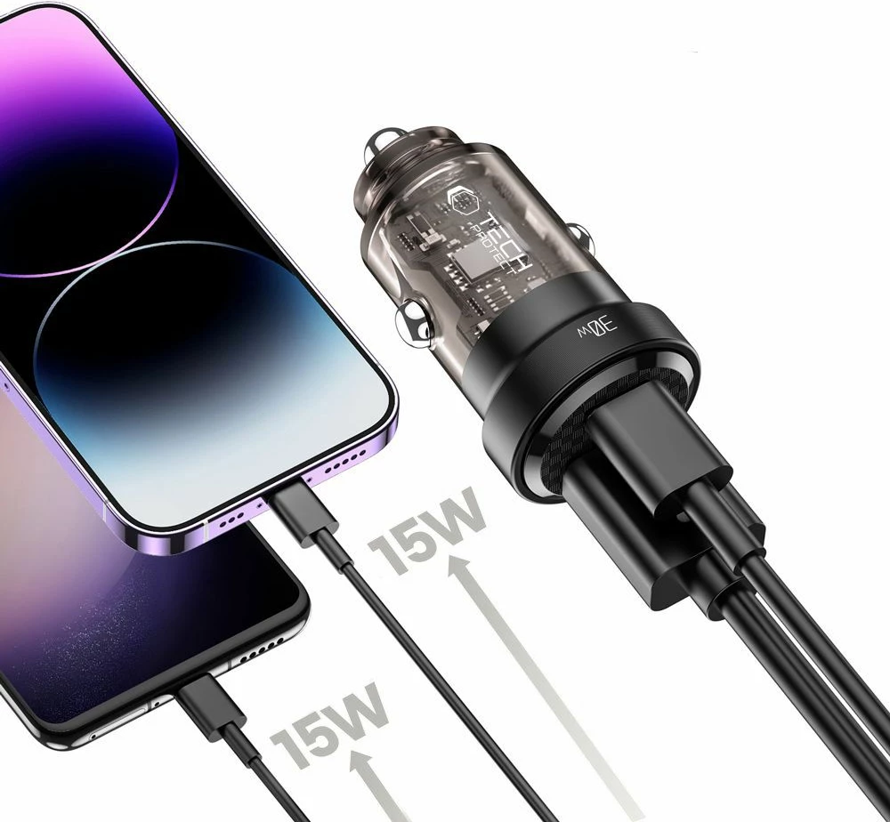 Karikues veture Tech-Protect CC30W, 2 porta USB-C PD 30W / USB-A QC 3.0, zi