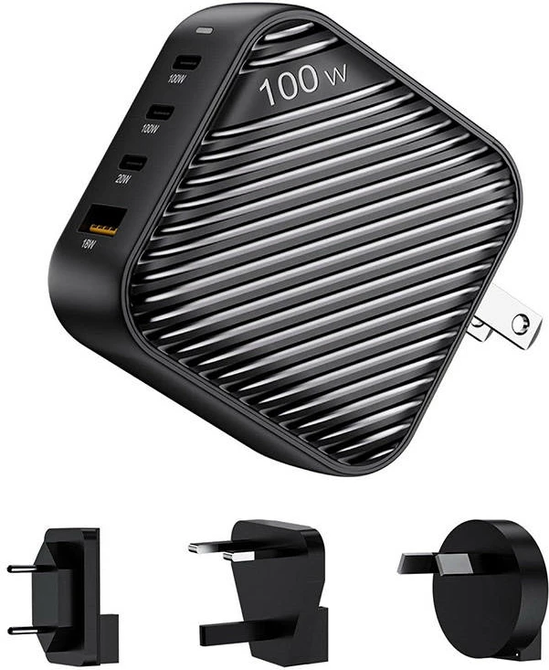 Karikues INVZI GanHub, 100W, 3x USB-C + 1x USB-A, me adapterë udhëtimi, i zi