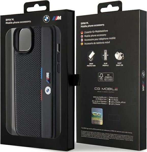 Mbështjellës BMW Perforated Tricolor Line për iPhone 15 Plus / 14 Plus, i zi