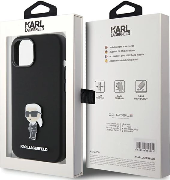 Mbështjellës Karl Lagerfeld Silicone Ikonik Metal Pin për iPhone 15, i zi