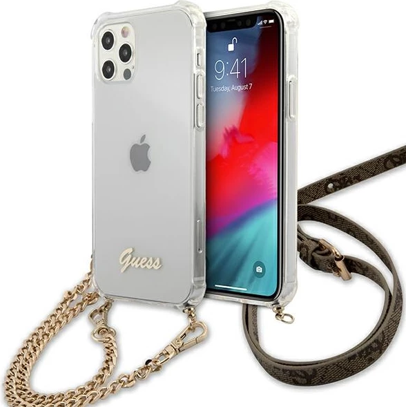 Mbështjellës Guess GUHCP12MKC4GSGO për iPhone 12/12 Pro 6.1", transparent me zinxhir të artë