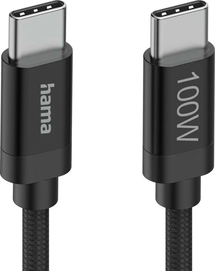 Kabëll USB-C në USB-C Hama, 1.5m, 100W, najlon, zi
