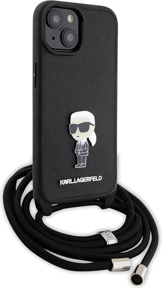 Mbështjellës Karl Lagerfeld Crossbody Saffiano Monogram Metal Pin Karl & Choupette për iPhone 15, i zi
