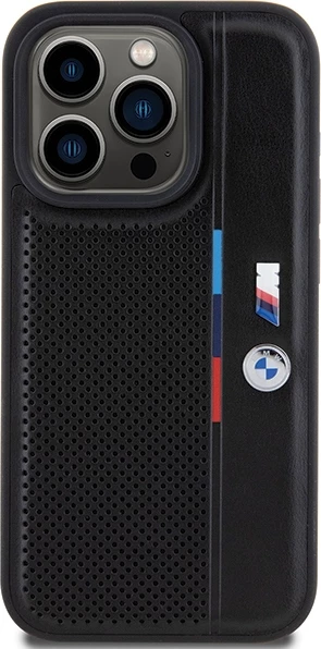 Mbështjellës BMW Perforated Tricolor Line për iPhone 15 Pro, i zi