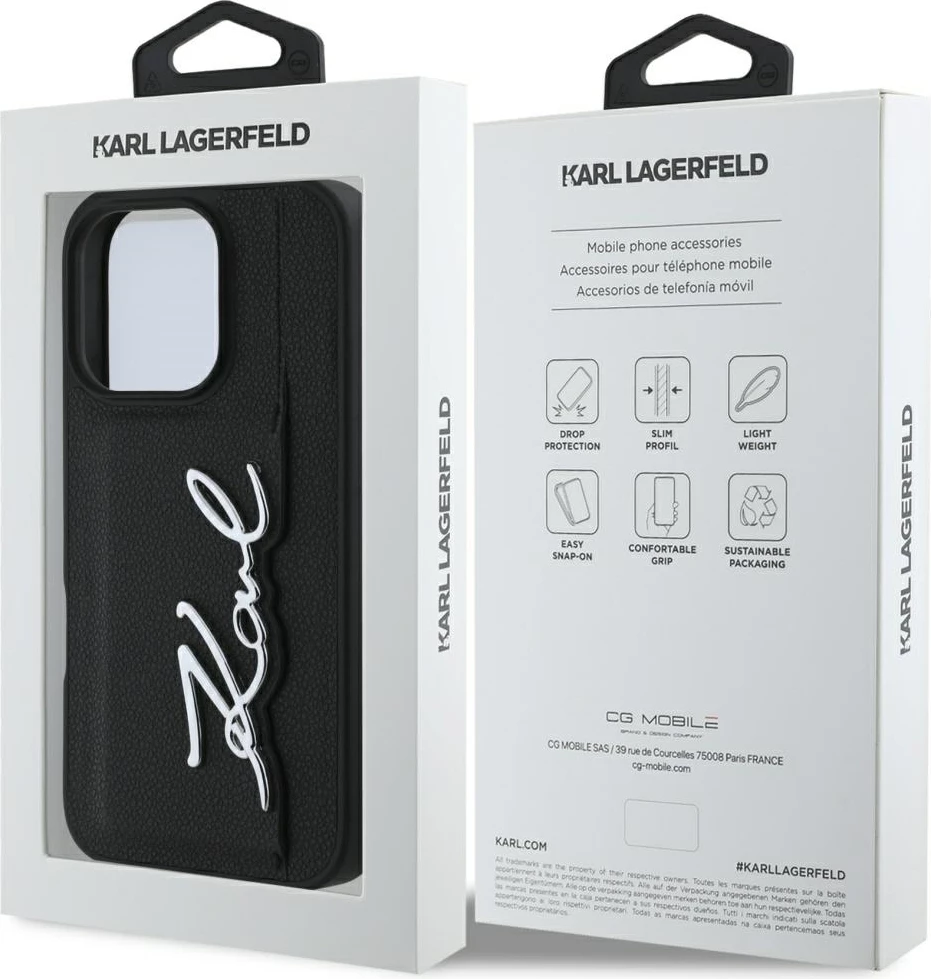 Mbështjellës, Karl Lagerfeld, HC Grained PU Cardslot Metal Signature, për iPhone 16 Pro Max 6.9-inch, xhep kartash, TPU/PC/eko-lëkurë, i zi