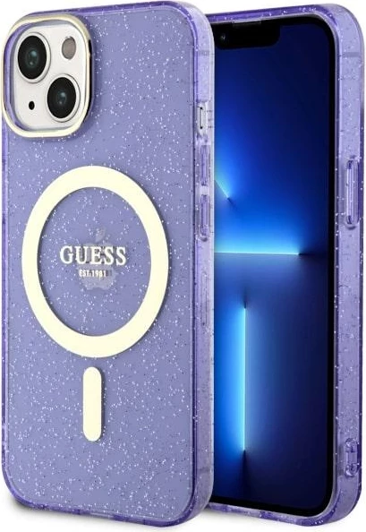 Mbështjellës Guess Glitter Gold MagSafe për iPhone 14, Violet