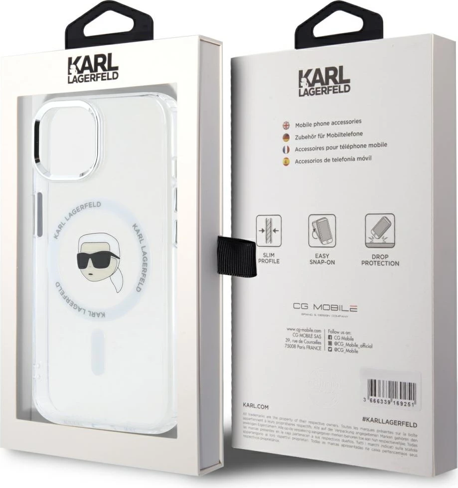 Mbështjellës Karl Lagerfeld IML Metal Karl Head MagSafe për iPhone 15, Bardhë