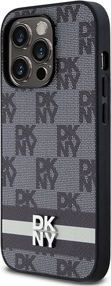 Mbështjellës DKNY Leather Checkered Mono Pattern & Printed Stripes për iPhone 14 Pro, i zi