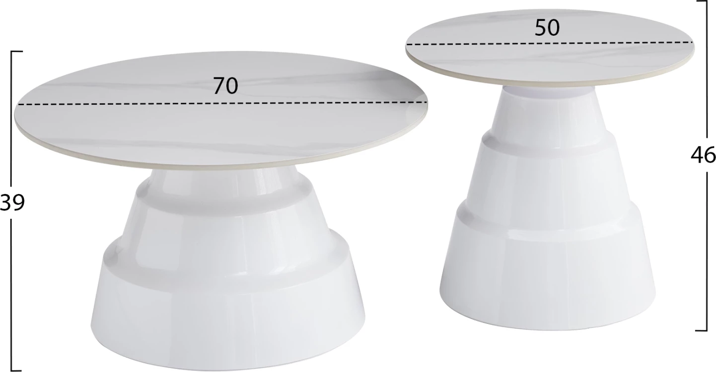 Set 2 tavolina kafeje LIDOX, sipërfaqe dhe bazë prej guri të sinterizuar, të bardha, FH18306.01, Φ50cm & Φ70cm