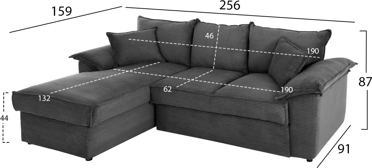 Kënd divan-shtrat me hapësirë ruajtëse ALDO FH3276.02L pëlhurë antracit 256x91-159x87H cm