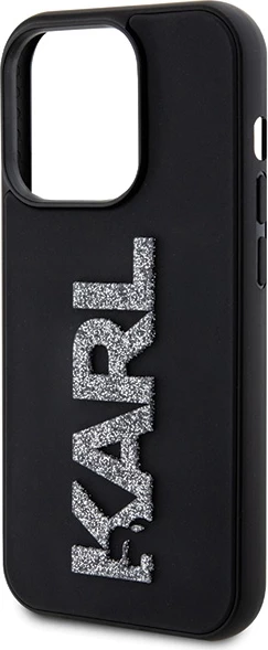 Mbështjellës Karl Lagerfeld 3D Rubber Glitter Logo për iPhone 15 Pro, i zi