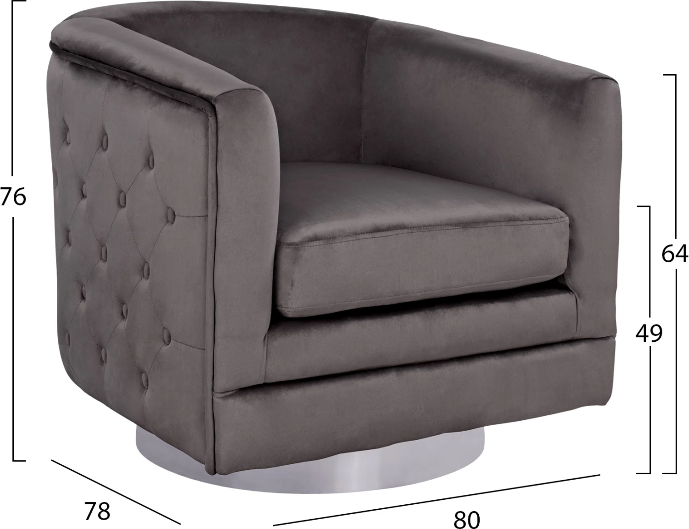 Fotelje prej kadifeje, ngjyrë hiri, bazë argjendi, FH8494.01, 80x80x76 cm