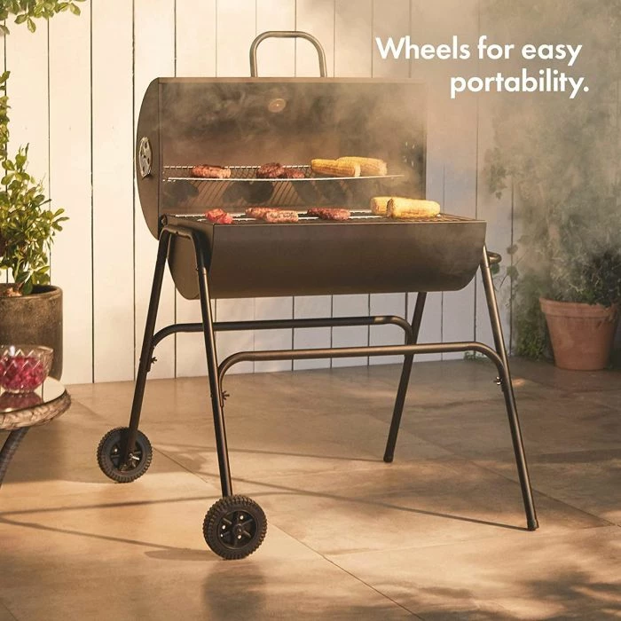 Skare me qymyr VONHAUS Barrel 2500375, me kapak të thellë, termometër, raft ngrohës, me rrota, e zezë