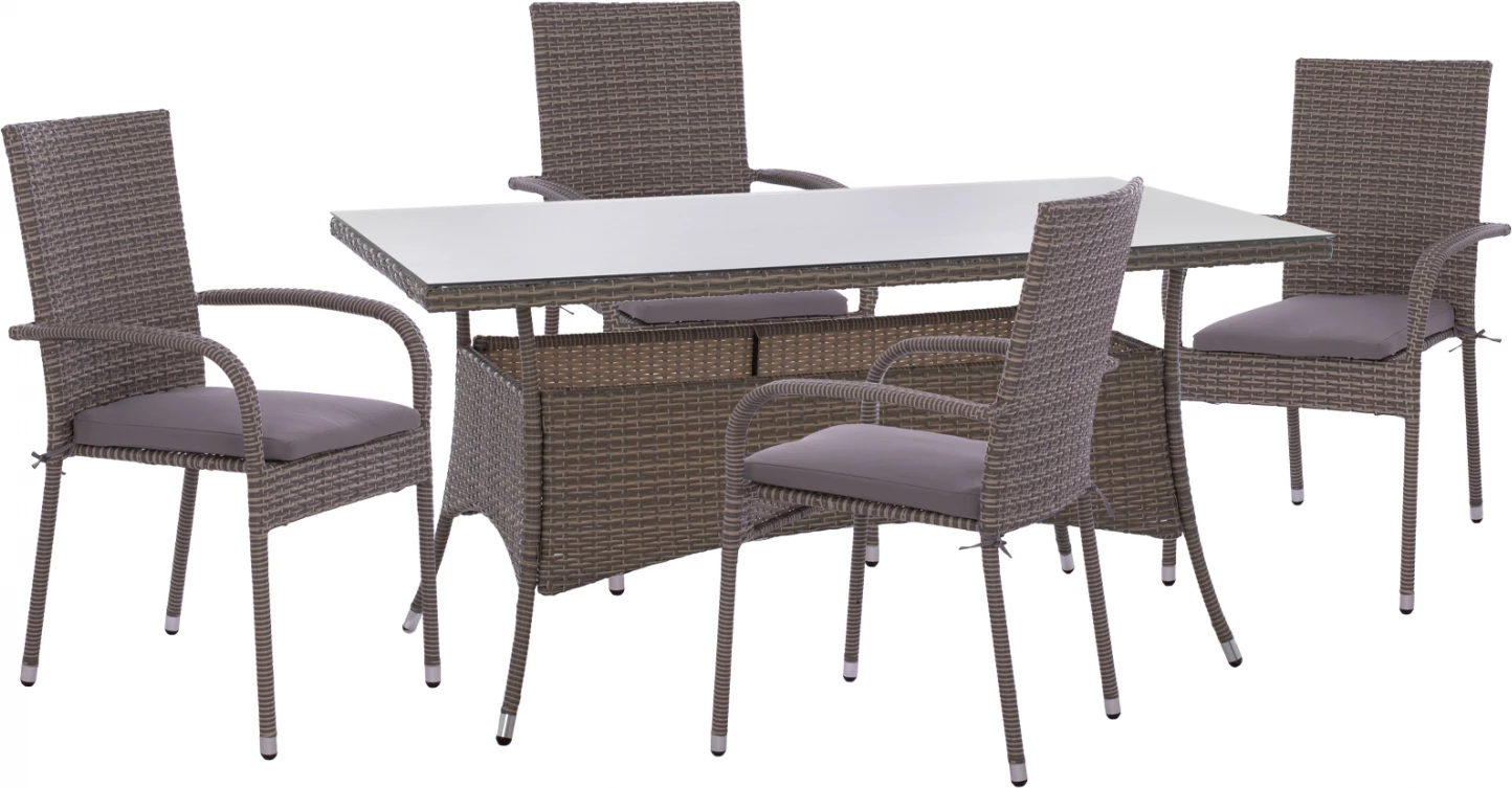 Set tavoline ngrënieje 5 pjesë, tavolinë 150x90 dhe karrige Wicker Rattan gri FH11713.01
