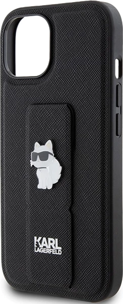 Mbështjellës Karl Lagerfeld Gripstand Saffiano Choupette Pins për iPhone 15 Plus / 14 Plus, i zi