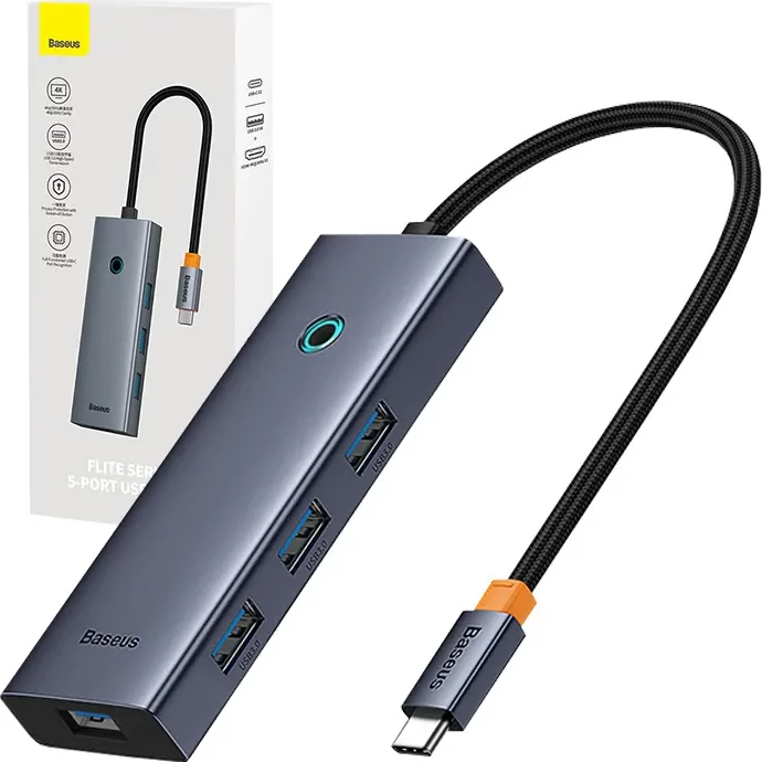 Hub USB-C, Baseus Flite Series B00052809813-00, 5 porta 1x HDMI 4K@30Hz + 4x USB 3.0 5Gbps, gri