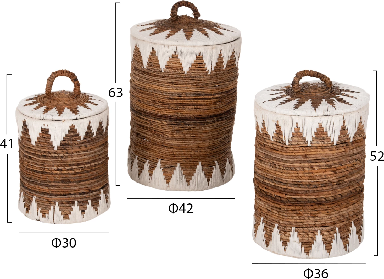 Shporta të rrumbullakëta me kapak 3 copë FH4306, rush, ngjyrë natyrale-bardhë, Φ42x63H cm