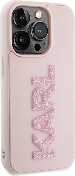 Mbështjellës Karl Lagerfeld 3D Rubber Glitter Logo për iPhone 15 Pro Max, rozë