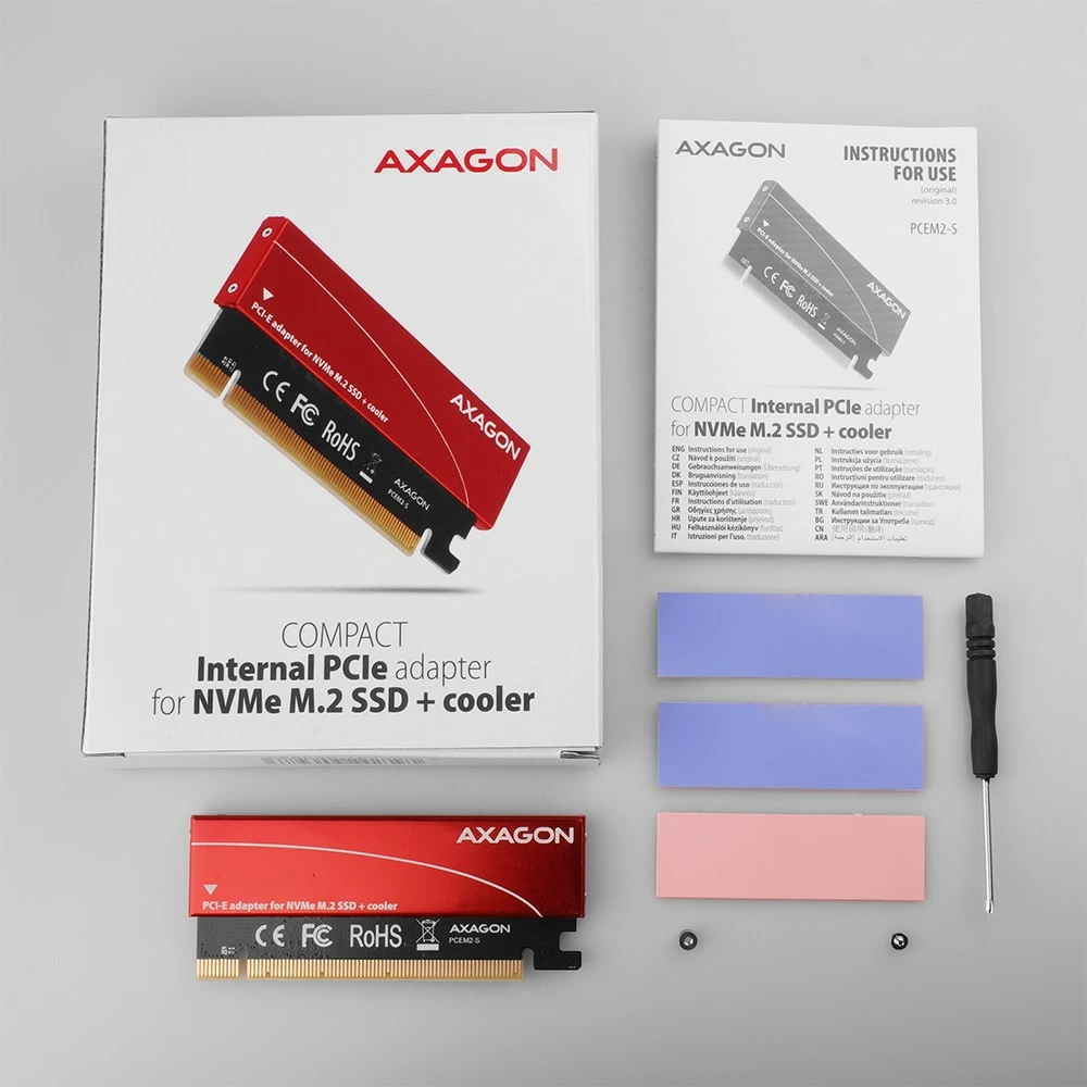 Kasë adapter AXAGON PCEM2-S për NVMe M.2 SSD, PCIe x16, me mbulesë alumini, e kuqe