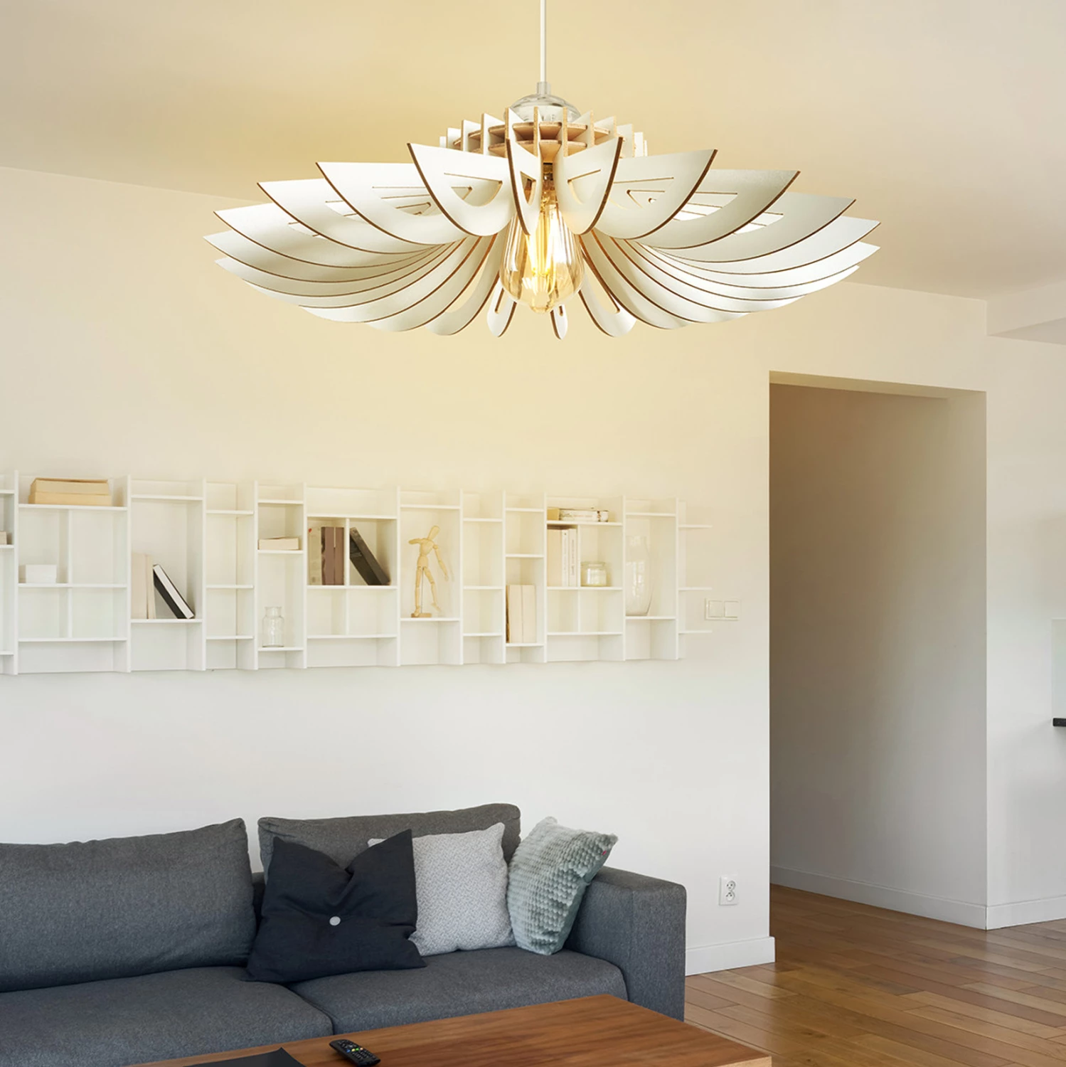 Llambë tavani prej druri e varur, ngjyrë e bardhë, FH7348.02, Φ68x50Υ cm