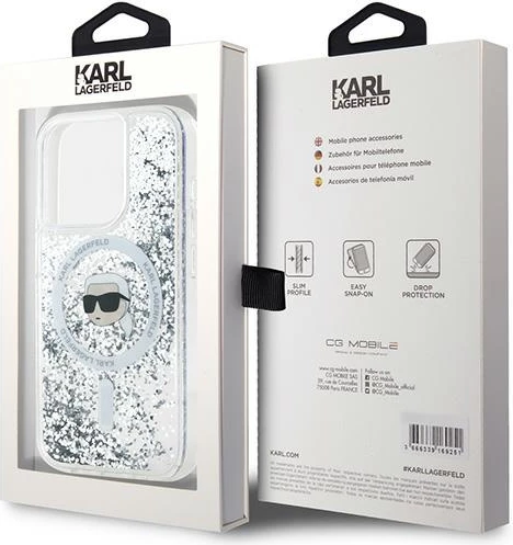 Mbështjellës Karl Lagerfeld Liquid Glitter Karl Head MagSafe për iPhone 15 Pro Max, Transparent