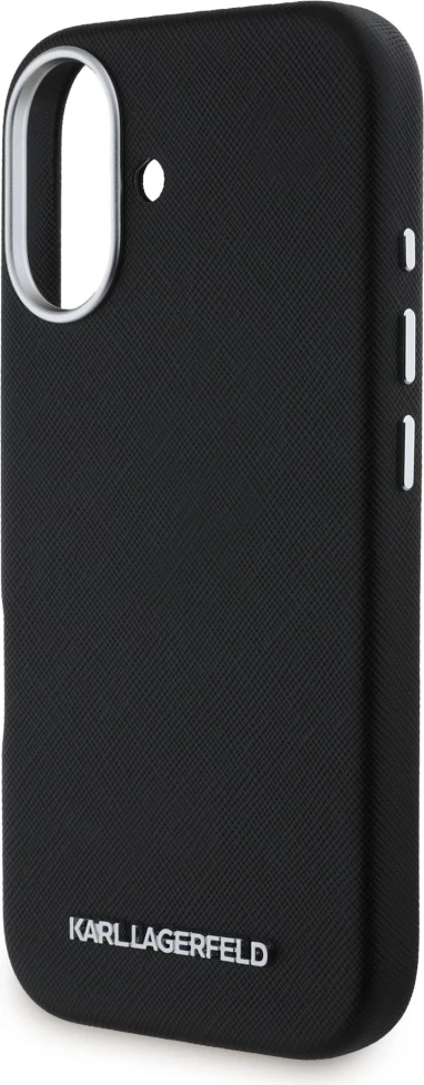 Mbështjellës Karl Lagerfeld Saffiano Full Wrapped Elongated Metal Logo MagSafe për iPhone 16, i zi