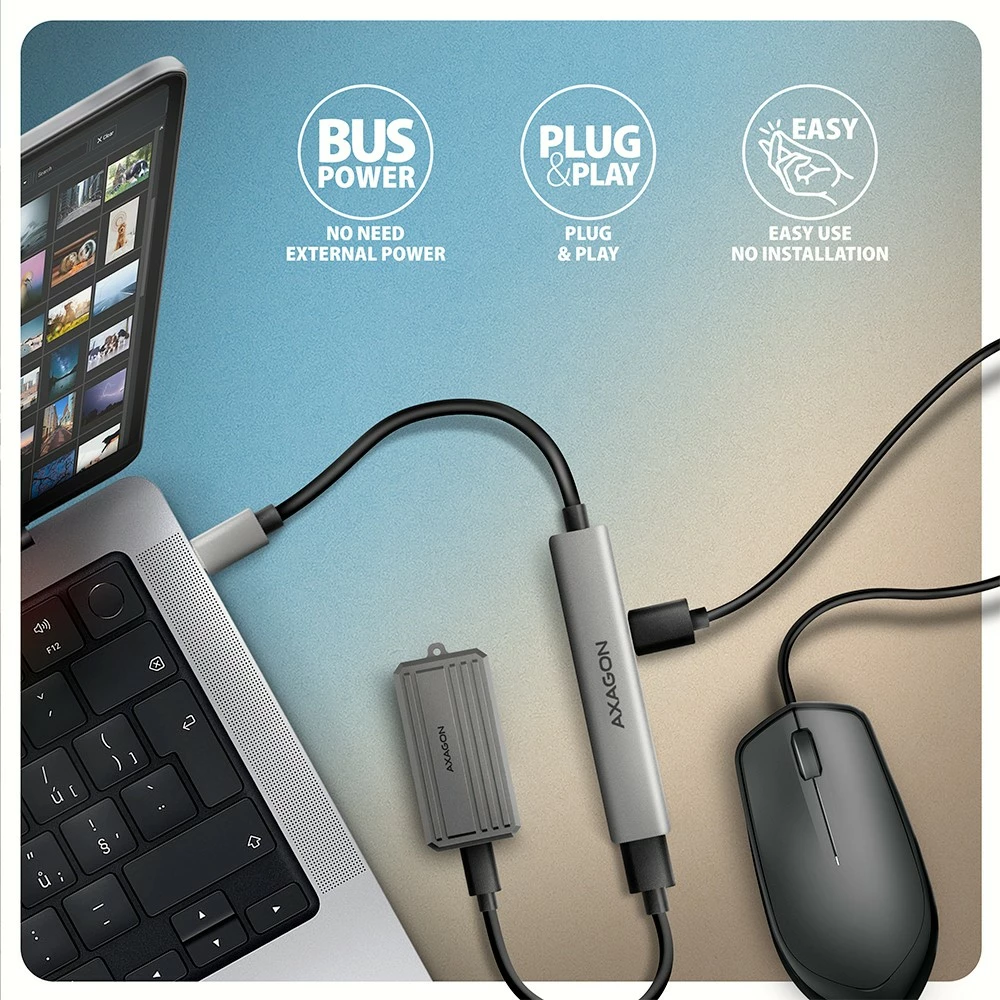 USB-C hub AXAGON HUE-STC 4 porta 1x USB-A 5Gbps 2x USB-A 2.0 + 1x USB-C 2.0 kabllo 12 cm gri