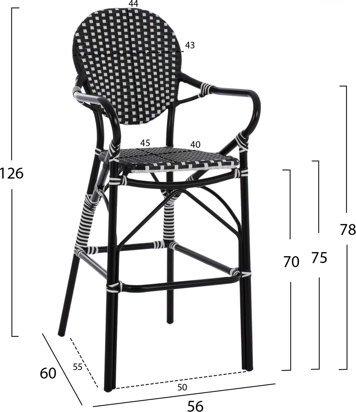 Karrige për bar alumini, pamje bambuje, me thurje, ngjyrë zezë dhe bardhë, FH5794.02, 56x60x126 cm