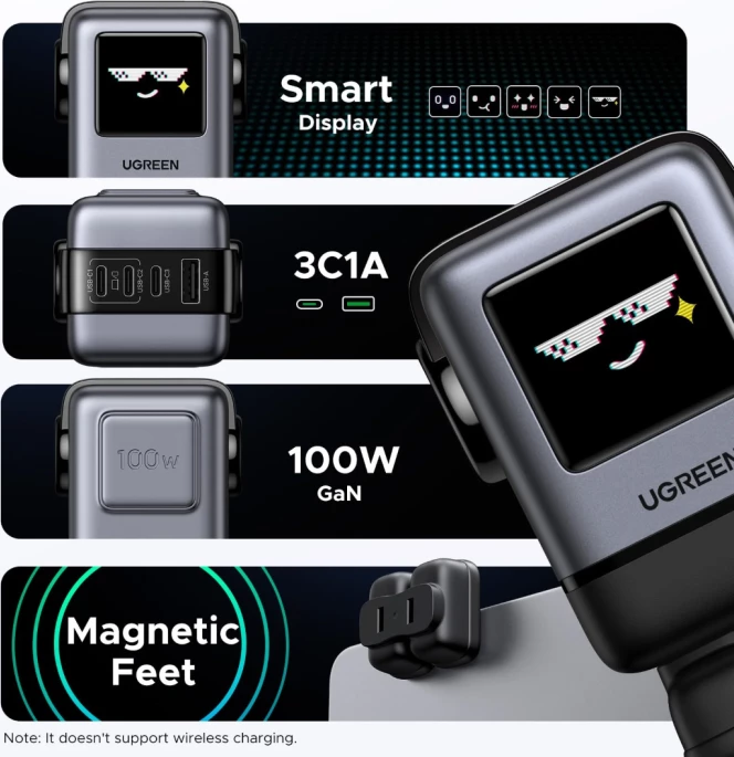 Karikues UGREEN Uno 45515B 100W GaN 4 porta (3x USB-C, 1x USB-A) me ekran TFT, gri/zi