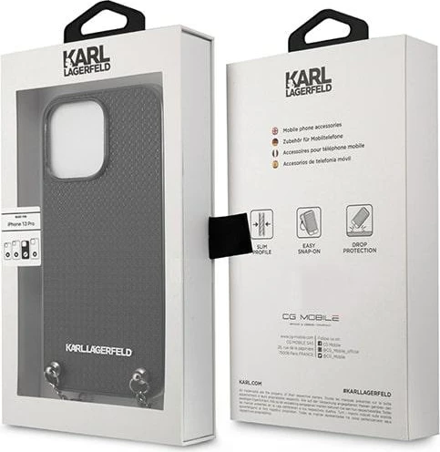 Mbështjellës Karl Lagerfeld Monogram Plaque për iPhone 13 Pro/13 6.1", i zi, me zinxhir
