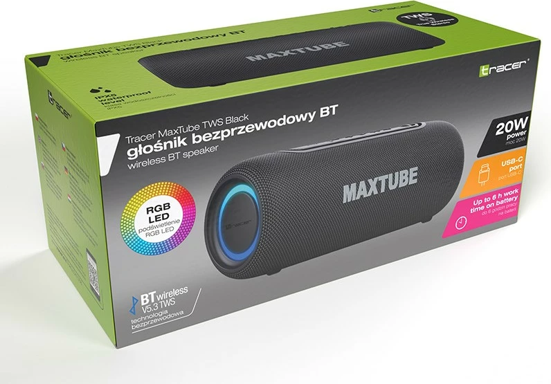 Altoparlant portabël Bluetooth Tracer MaxTube TRAGLO47358 20W TWS IPX5 USB-C RGB, i zi