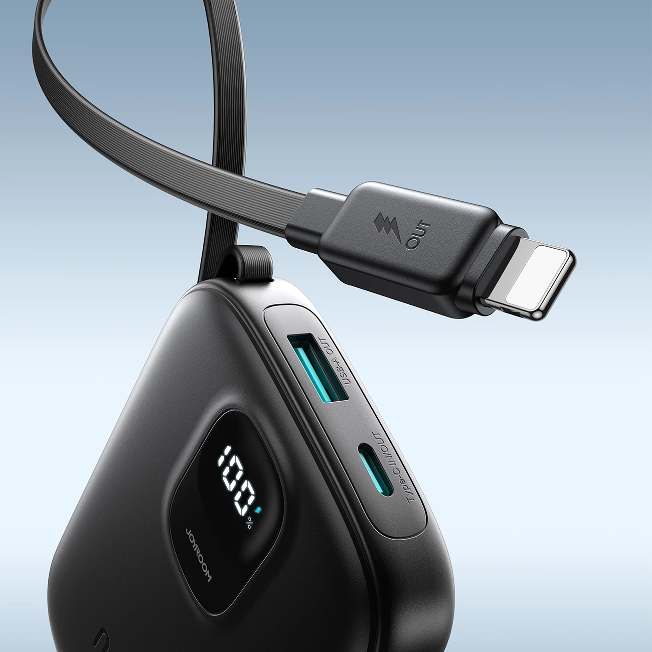 Powerbank Joyroom JR-PBF18, 10000mAh, 22.5W, me kabllo Lightning të integruar + kabllo USB-C 25cm, e zezë