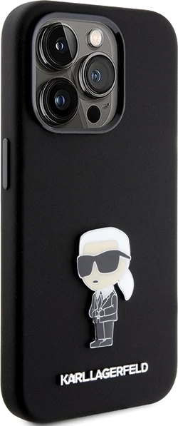 Mbështjellës Karl Lagerfeld Silicone Ikonik Metal Pin për iPhone 15 Pro, i zi