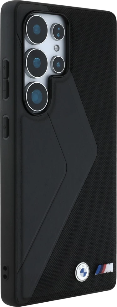 Mbështjellës BMW Leather Oversized Stripes MagSafe për Samsung Galaxy S25 Ultra, lëkurë natyrale, hardcase, i zi