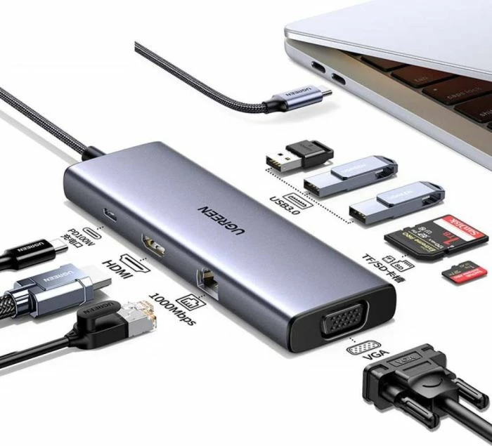 Docking station USB-C UGREEN 15600 9-në-1, 4K@30Hz, PD 100W, HDMI+VGA, 3x USB 3.0, LAN 1Gbps, Lexues SD/TF, gri