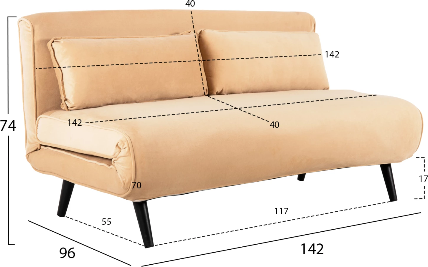 Shtrat divan ASMA FH3077.17, 2-vendësh, kadife, ngjyrë bezhë, 142x96x74H cm